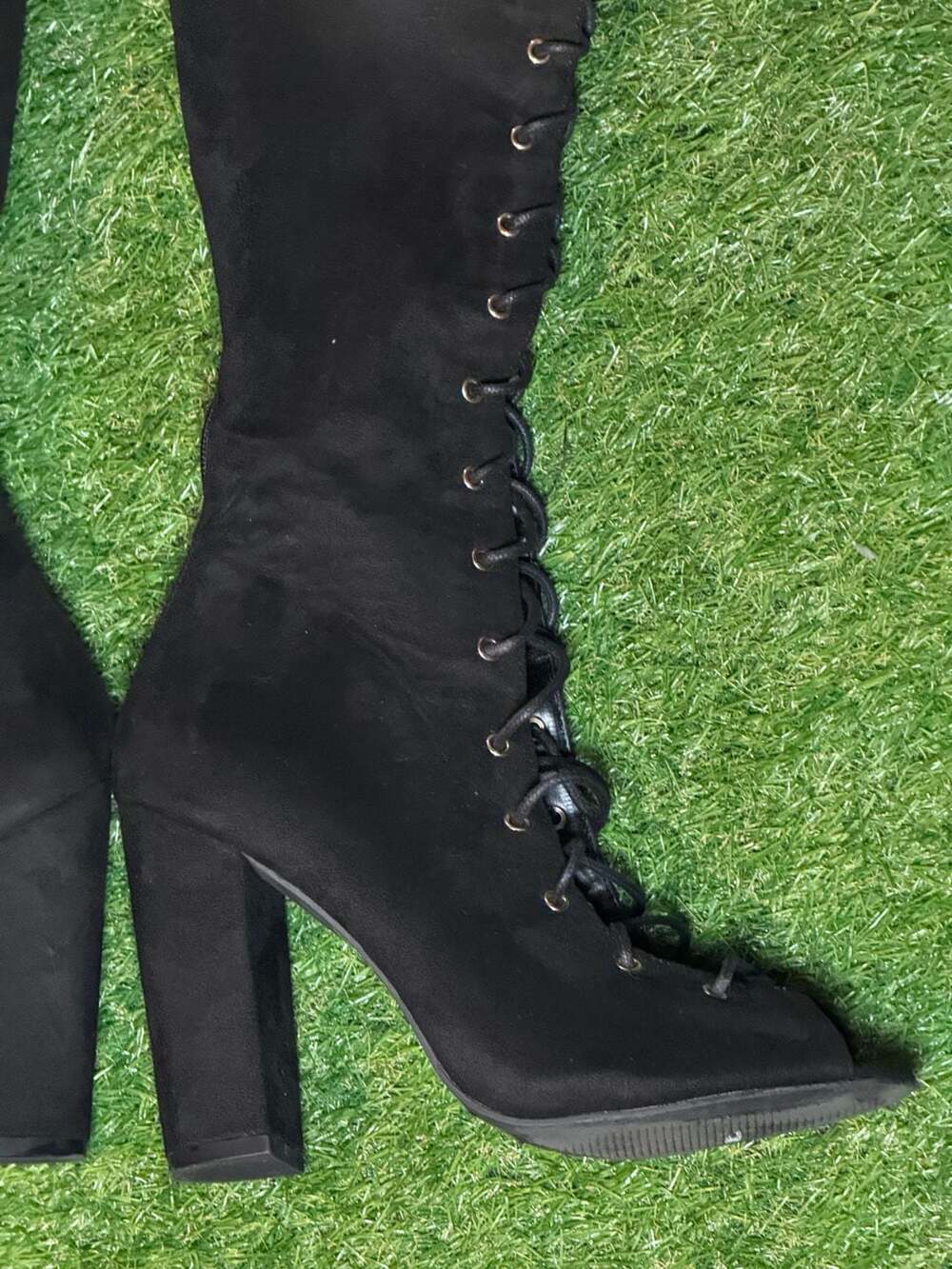 Fashion Nova Black Faux Suede Lace Up Peep Toe Over The Knee Block Heel Boots Si - Picture 3 of 6